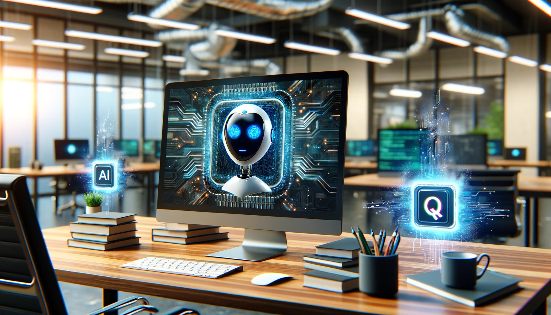 1701206107 DALL·E 2023 11 28 14.58.29 A news story cover image featuring the introduction of an AI chatbot named Q by a major web company set in a modern tech oriented workplace enviro