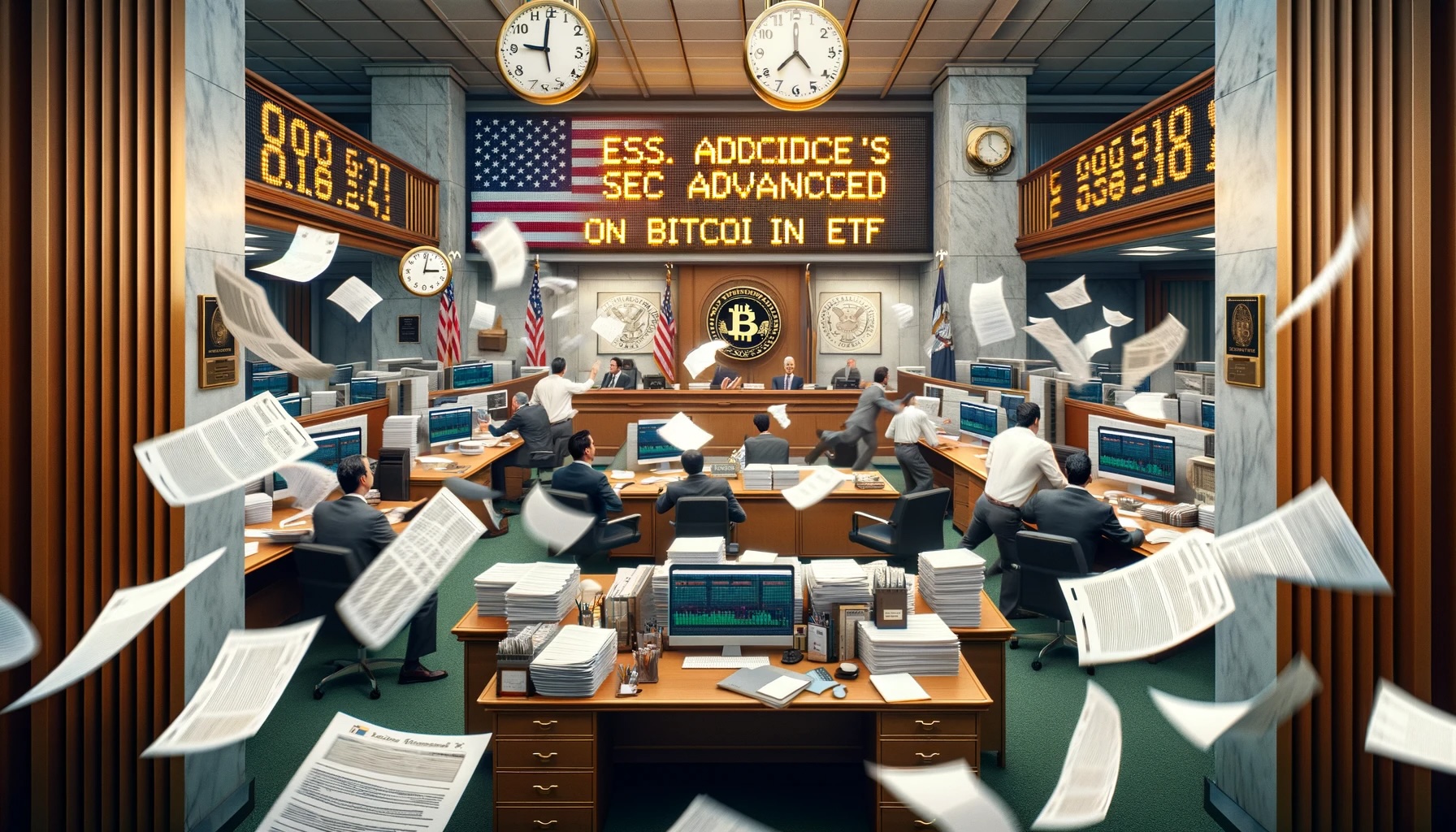 1701212703 DALL·E 2023 11 28 16.39.45 A hyperrealistic cover image for a news story about the U.S. SEC advancing its decision making process on a Bitcoin ETF application. The image depicts