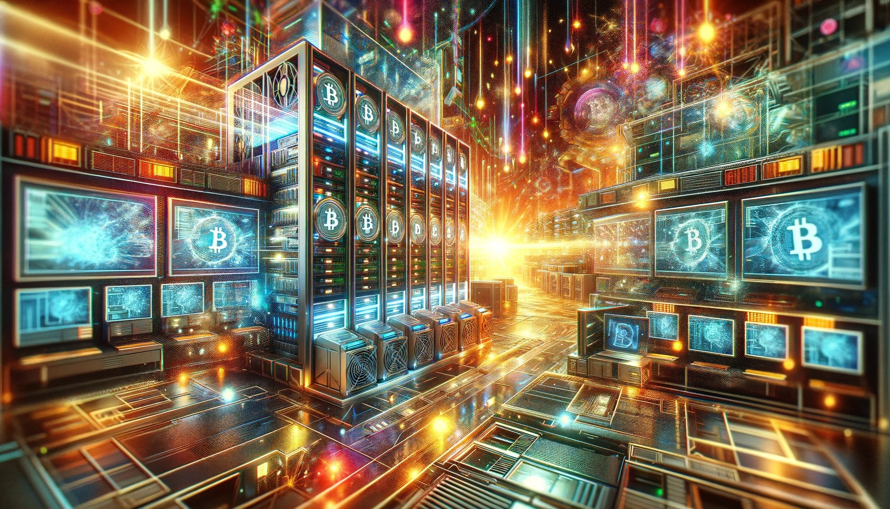 1701214502 DALL·E 2023 11 28 17.25.43 A futuristic dynamic and vibrant depiction of a decentralized bitcoin mining rig for a cover image. The scene is filled with elaborate high tech com