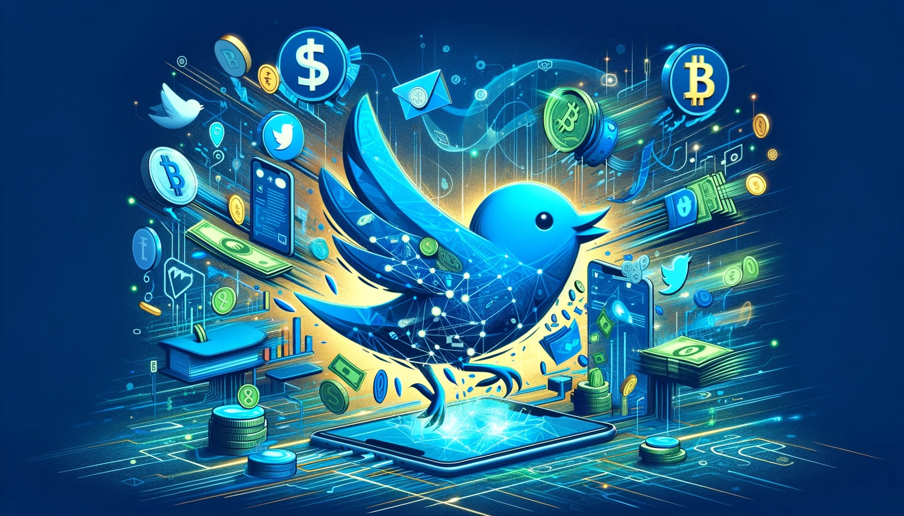 1703312415 DALL·E 2023 12 22 17.19.42 A cover image in landscape orientation for a tech publication depicting a giant blue bird similar in style to the Twitter logo acting as a money tr